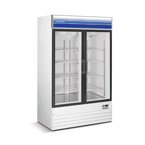 Commercial Glass Door Merchandiser Refrigerator 53 Inches Wide Dropping 45 Cu Ft with dual glass doors and eight PVC wire shelves.