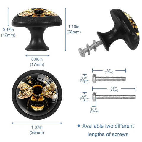 4 Pack Matte Black Bee Cabinet Knobs With Screws, Round Dresser Drawer Pulls, dimensions and screw options shown