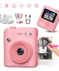 Kids Camera With Instant Print For Ages 4 To 10 Boys And Girls, Safe Kid Friendly Gadget With Shockproof Drop Protection, 6 Layer Safety, Triple Battery Anti Ignition, Easy Snap And Print, Ideal Birthday Gift And Photo Printer Toy. Pink instant print camera with rolls, markers, cable, and printed photo
