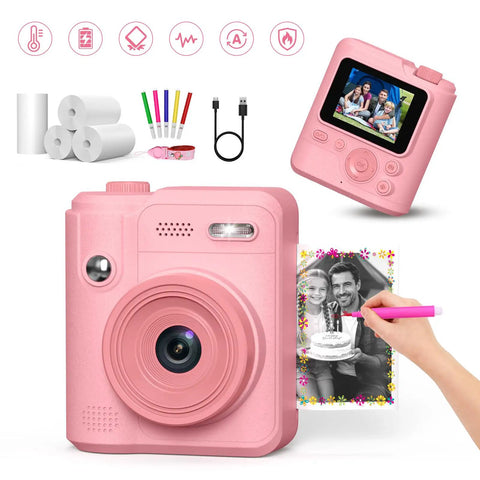 Kids Camera With Instant Print For Ages 4 To 10 Boys And Girls, Safe Kid Friendly Gadget With Shockproof Drop Protection, 6 Layer Safety, Triple Battery Anti Ignition, Easy Snap And Print, Ideal Birthday Gift And Photo Printer Toy. Pink instant print camera with rolls, markers, cable, and printed photo