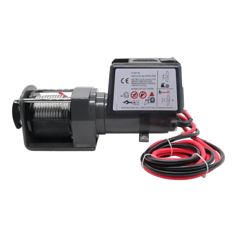Side view of 2000 Lb 12V Electric Winch with steel cable, hook, and corded remote for trailers, ATVs, and workshops