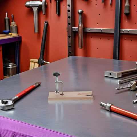 Two Pack Heavy Duty Wooden Bench Clamps For Jewelry Making And Metal Workholding Portable Vise Tool on a work table.