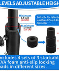 Top Shelf Folding Table Leg Extenders With Grippy Foam Pads And Secure Clips showing adjustable height settings and EVA foam pads.