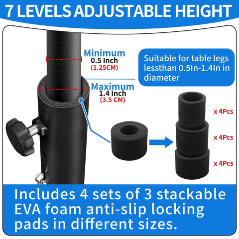Top Shelf Folding Table Leg Extenders With Grippy Foam Pads And Secure Clips showing adjustable height settings and EVA foam pads.