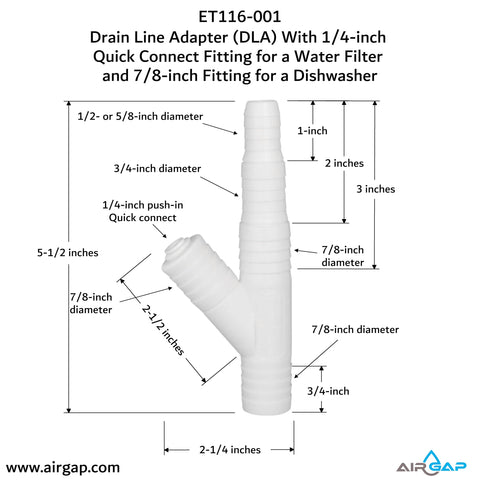 Image of Drain Line Adapter With Quick Connect For Water Filter And Dishwasher Drain Hose No Hassle Install Easy For RO Systems, showing dimensions and fittings.