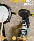 Electronic Drum Set With USB MIDI, Type-C Charging, low-noise kick pedal in use with foot, ergonomic design.