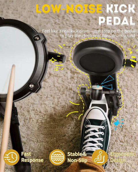Electronic Drum Set With USB MIDI, Type-C Charging, low-noise kick pedal in use with foot, ergonomic design.
