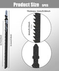 Product size illustration of Rock Solid T Shank Jigsaw Blades Beefy High Carbon Steel Jig Saw Replacements for cutting wood and metal.