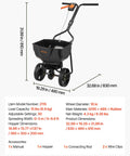 Broadcast Lawn Spreader With 9.8 Ft Coverage, 10 In All Terrain Tires, 15 Lb Hopper shown with dimensions and specifications
