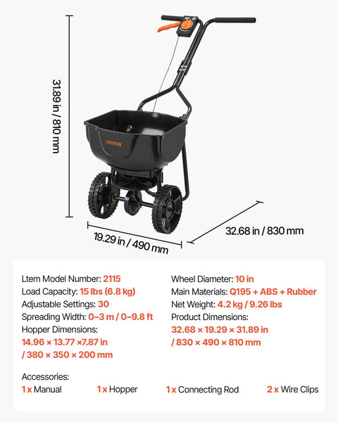 Broadcast Lawn Spreader With 9.8 Ft Coverage, 10 In All Terrain Tires, 15 Lb Hopper shown with dimensions and specifications