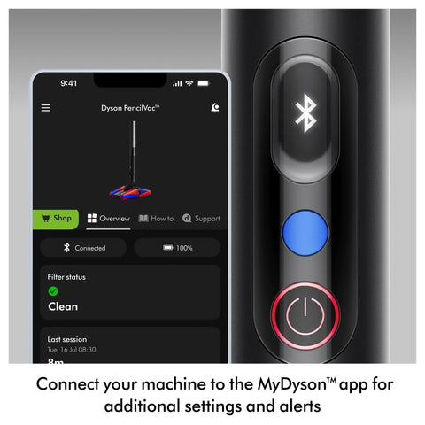 Dyson PencilVac Fluffycones cordless vacuum; black body with blue power button, shown beside a smartphone app screen.