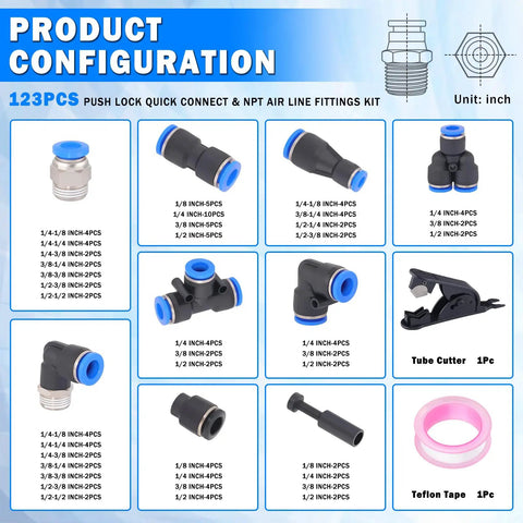 All In One 123 Piece Quick Connect Air Fittings Kit for Pneumatic Hoses Push To Connect and NPT Threads product components display