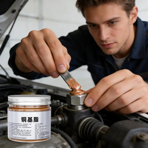 Mechanic applying Copper Based Anti Seize Grease 100g Waterproof Long Lasting Paste For Brake Bolts Exhaust Nuts And Threaded Parts