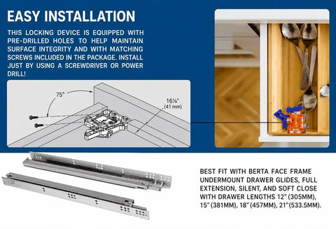 Slick Plastic Undermount Drawer Slide Front Locking Clip Pair with easy installation instructions and matching screws