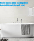 Eight By Twelve Inch White Plastic Drywall Access Panel For Ceilings Plumbing And Walls Uv Resistant Styrene Build showcased above bathtub.
