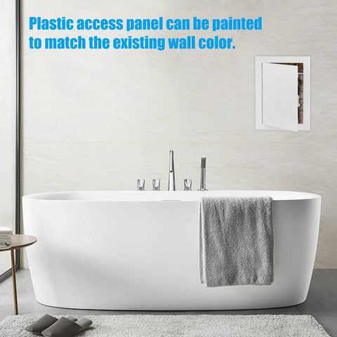 Eight By Twelve Inch White Plastic Drywall Access Panel For Ceilings Plumbing And Walls Uv Resistant Styrene Build showcased above bathtub.