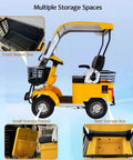 No Sweat Electric Mobility Scooter For Adults And Seniors With 28 Mile Range And 12 Mph Top Speed showing multiple storage spaces in yellow.