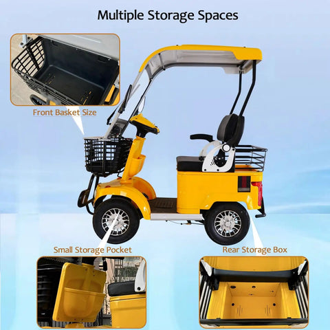 No Sweat Electric Mobility Scooter For Adults And Seniors With 28 Mile Range And 12 Mph Top Speed showing multiple storage spaces in yellow.