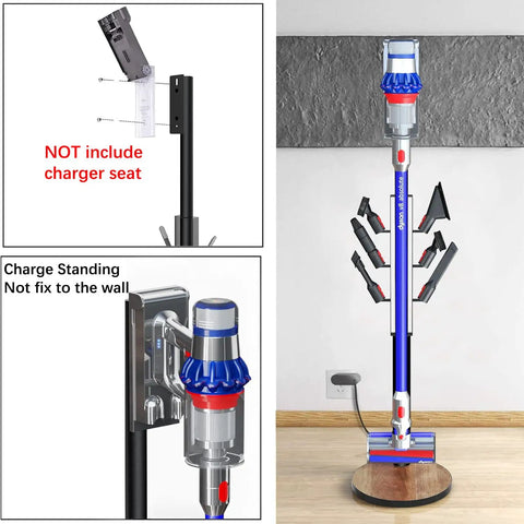 Freestanding Vacuum Docking Station Stand With Six Hooks For V15 Detect And V11 V10 V8 V7 V6 Cordless Vacuum Cleaners Portable Floor Organizer Bracket Made Of Metal No Drill Needed Easy To Move And Store displayed in room next to wall socket.