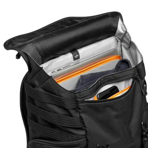 Open ProTactic BP 300 AW II Mirrorless And DSLR Backpack With QuickShelf Divider System showing laptop and compartments.