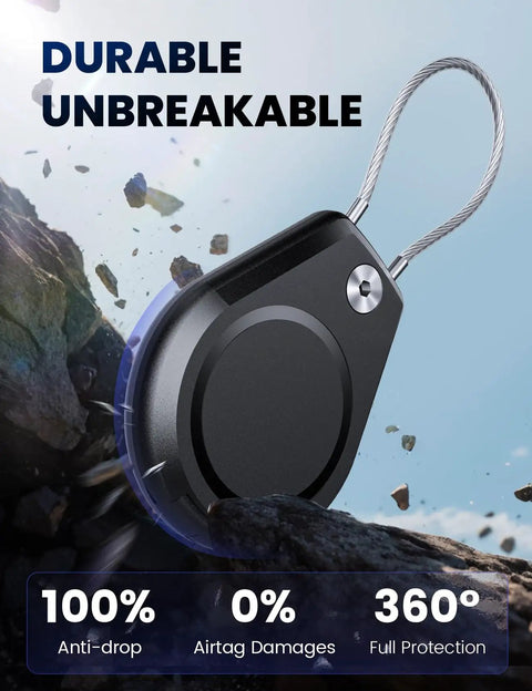 4 Pack Waterproof AirTag Holder Anti Theft Case With Braided Steel Cable And Screw Lock for keychain, shown in rocky outdoor setting.