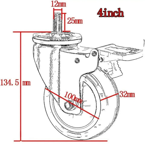 Heavy Duty Four Pack Caster Wheels With Secure Brake M12 Bolt Mount 400Kg Weight Capacity Bulletproof Steel Body Polyurethane Treads detailed diagram with dimensions.