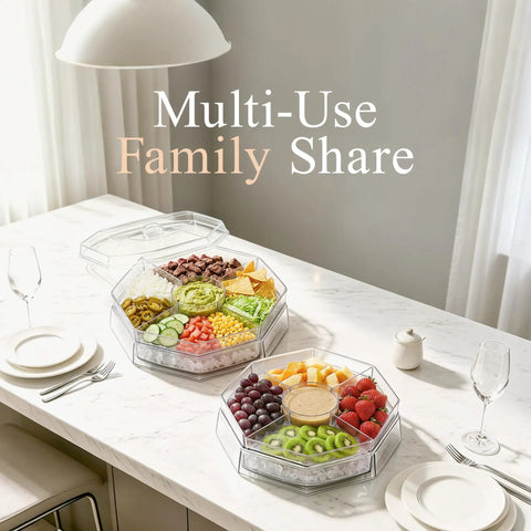 Five Compartment Chilled Serving Lazy Susan With Secure Hinged Lid, Divided Plastic Condiment Caddy For Shrimp Buffets on a table.