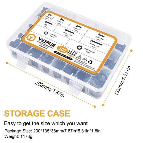 Built Tough 305 Piece 1/4-20 Bolt And Nut Assortment Kit in storage case with various fasteners and washers.