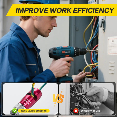 Electric Wire Stripping Drill Attachment Kit for AWG 14-12-10 in use, showing efficiency vs manual stripping difficulty