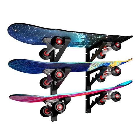 A Badass Skateboard Wall Mount Rack To Keep Your Boards Off The Floor With Adjustable Layers Grabbing Three Decks Securely, showcasing colorful designs.
