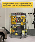 All In One Power Tool Organizer Cart With Charging Station On Wheels Heavy Duty Garage Tool Storage With 8 Outlet Power Strip 2 Hanging Baskets 8 Hooks Drill Bit Holder Battery Storage Yellow in a garage setting