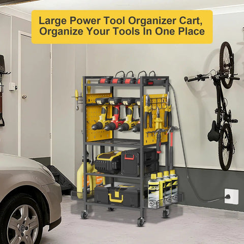 All In One Power Tool Organizer Cart With Charging Station On Wheels Heavy Duty Garage Tool Storage With 8 Outlet Power Strip 2 Hanging Baskets 8 Hooks Drill Bit Holder Battery Storage Yellow in a garage setting