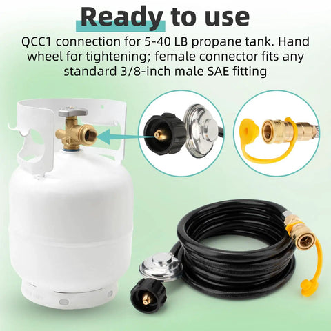 12Ft Quick Connect Propane Hose With Regulator For Heaters And Outdoor Gear 3 Eighths Inch Quick Connect To QCC1 Tank Connection Adapter Hose Replacement For Big Buddy Style Heaters Indoor Or Outdoor Use, shown coiled next to propane tank and fittings.