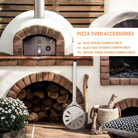 8 Inch Pizza Turning Peel With Long Handle Spinner, Perforated Aluminum Pizza Peel for Easy Oven Rotation displayed by outdoor oven
