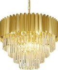 Lux Gold Crystal Chandelier With 4 Tier Raindrop Pendant Modern Hanging Ceiling Light, gold and crystal design, frontal view.