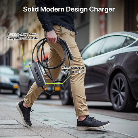 Person holding Tesla Level 2 EV Charger 40A Portable 9.6kW With NEMA 14 50 Plug 240V, 25 Ft Cable