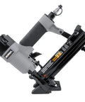 Smooth Operator Pneumatic 4 In 1 18 Gauge Mini Flooring Nailer And Stapler shown from the side with a sleek black and gray design.