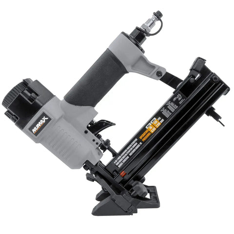 Smooth Operator Pneumatic 4 In 1 18 Gauge Mini Flooring Nailer And Stapler shown from the side with a sleek black and gray design.