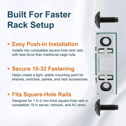 Image of Dead Simple Smart Push In 10 32 Cage Nuts And Rack Screws with detailing for push-in installation and square-hole fit.