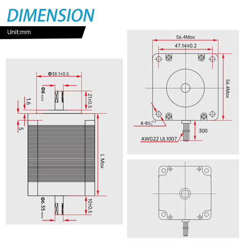 Technical diagram of 4 Axis CNC Controller Kit With Nema23 Motors 270oz in 3A Dual Shaft 23HS8430B And TB6600 Driver dimensions