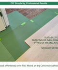Solid As A Rock Wood Fiber Underlayment 6mm Thick shown during installation over subfloor with green sheets for sound dampening insulation.