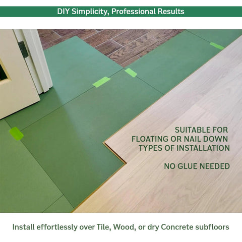 Solid As A Rock Wood Fiber Underlayment 6mm Thick shown during installation over subfloor with green sheets for sound dampening insulation.