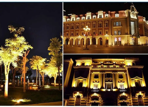 Scenic night view of illuminated trees and buildings showcasing Led Flood Light, 150W Waterproof Ip65 Spotlight, for Outdoor Searchlig.