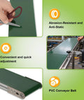 39 Inch Adjustable Speed Belt Conveyor For Desktop Use, PVC Belt With Built In Sensors, showing green PVC belt and features