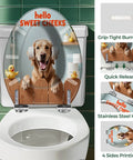 Elongated Toilet Seat for Bathroom Decor featuring a dog illustration, fits standard toilets, includes grip-tight bumpers.