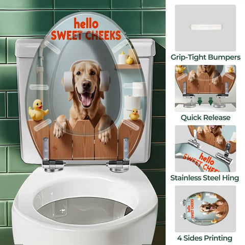Elongated Toilet Seat for Bathroom Decor featuring a dog illustration, fits standard toilets, includes grip-tight bumpers.