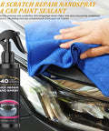 Two Pack P40 Car Scratch Quick Repair Nano Spray used on car headlight with blue cloth, bottle visible beside headlight.