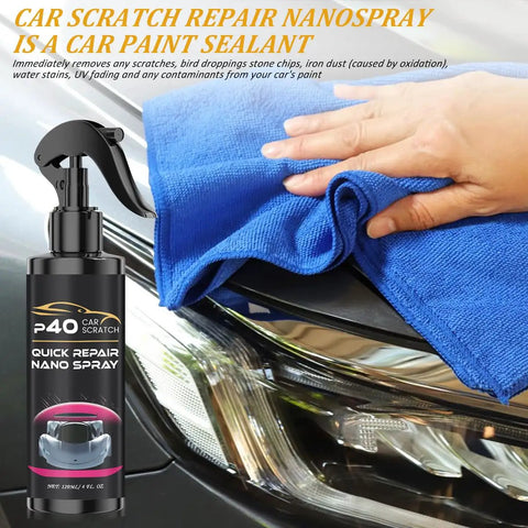 Two Pack P40 Car Scratch Quick Repair Nano Spray used on car headlight with blue cloth, bottle visible beside headlight.
