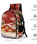 Red Winter Xmas Scene Printed Unisex Backpack Large Capacity Crafted From Durable Polyester with snowflakes and cabin design