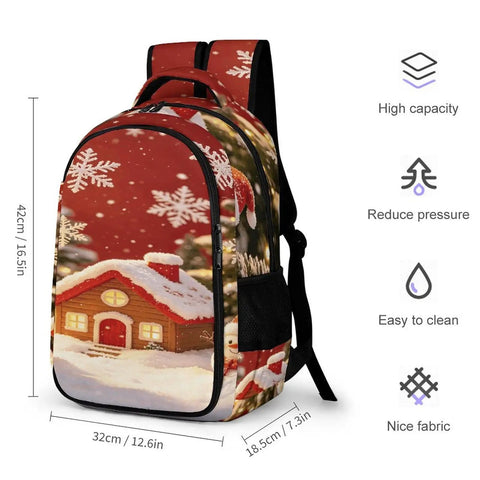 Red Winter Xmas Scene Printed Unisex Backpack Large Capacity Crafted From Durable Polyester with snowflakes and cabin design